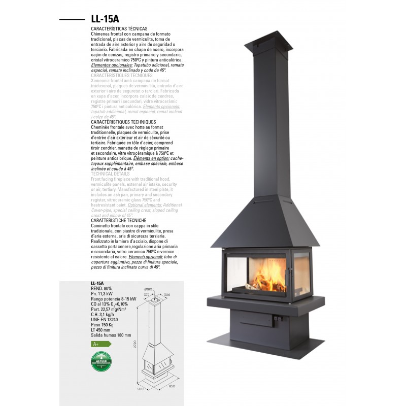 Chimenea frontal con campana de formato tradicional / rustico